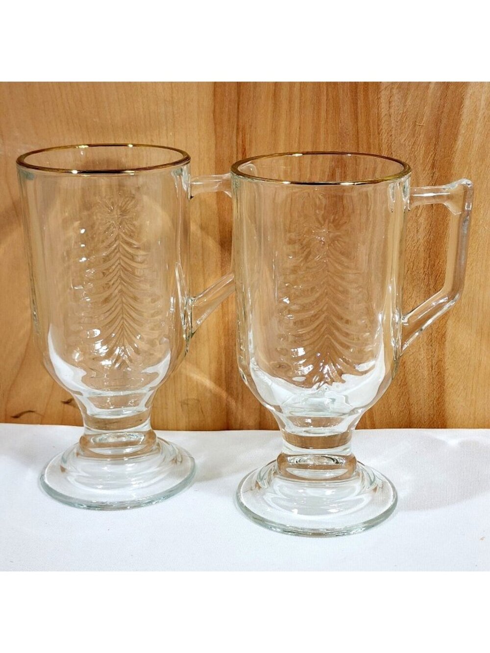 2 Indiana Glass Holiday Gold Mugs 5.5" Vintage Christmas Tree Irish Coffee